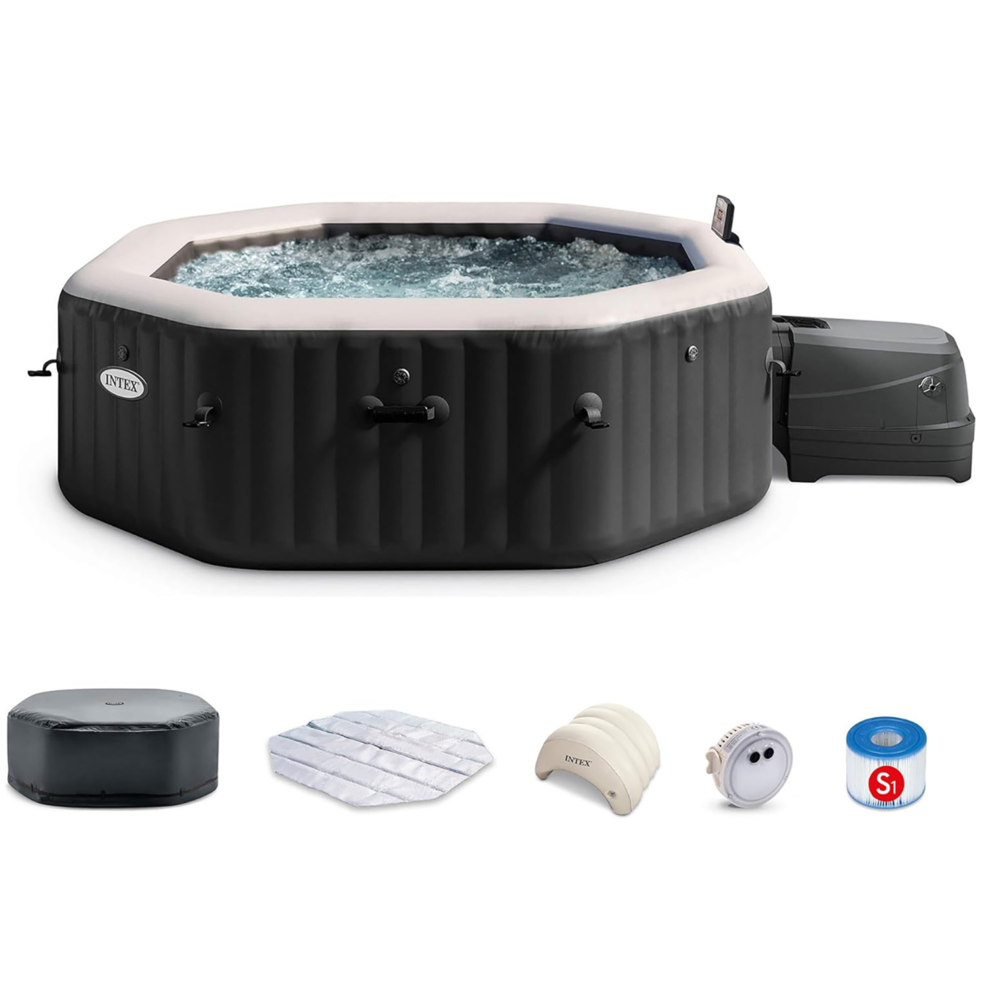 Intex PureSpa Bubble Deluxe Spa Set, 6 Person, Black Onyx, 83 x 28" Inflatable Octagon Saltwater Hot Tub, 140 Jets, Energy Efficient Cover, 28457EP